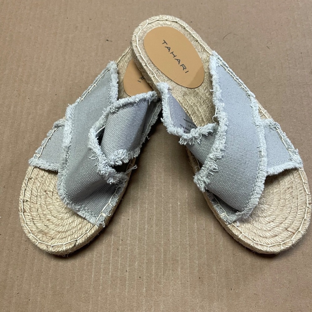 Tahari Women's 8.5 Sarah Grey Frayed Canvas Espadrille‎ Slide Sandals Jute Inner
